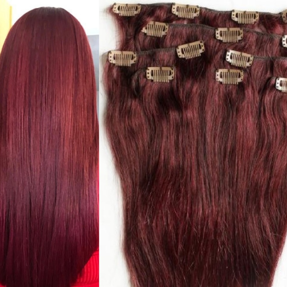 18" 100% Clip in Human Hair Extensions 7Pcs,14 clips #99J - Picture 1 of 2